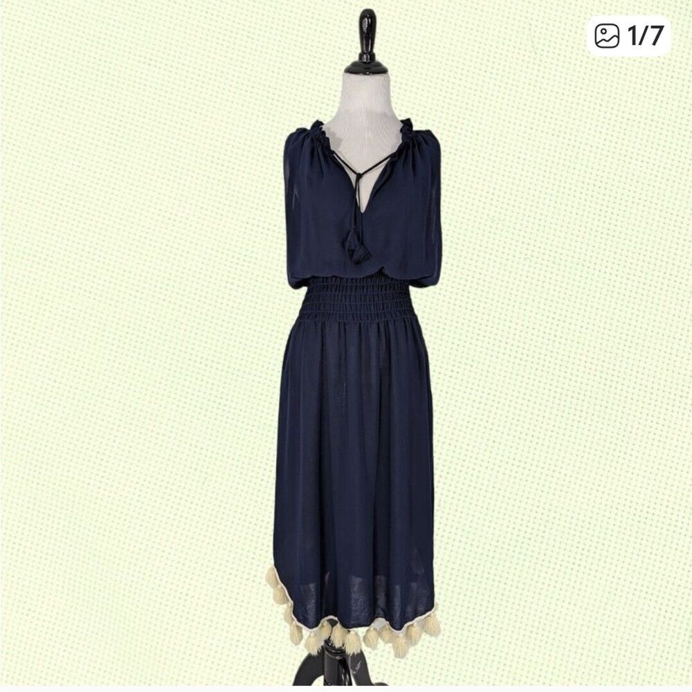 Misa Los Angeles M Dress Fitted Waist Sleeveless Navy‎ Blue Tasseled Hemline